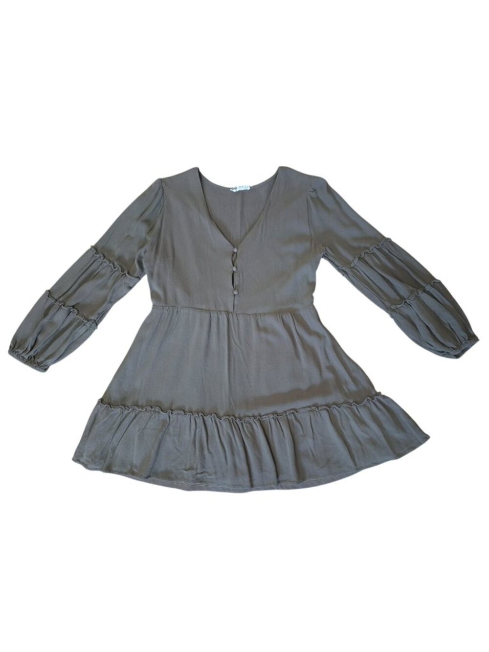 New In Women's olive green Tiered Dress M Long Sleeve Button Front V Neck